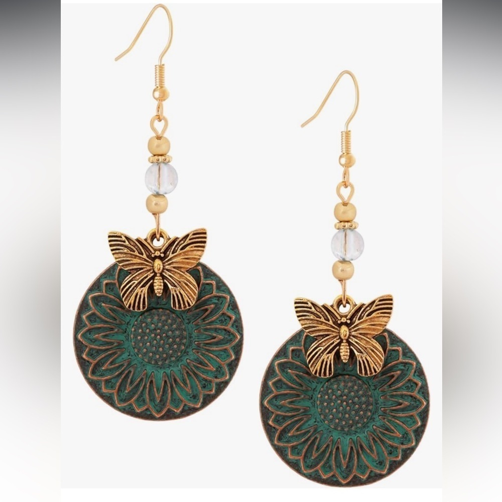 Vintage style boho sunflower Gold and Green Butterfly Earrings